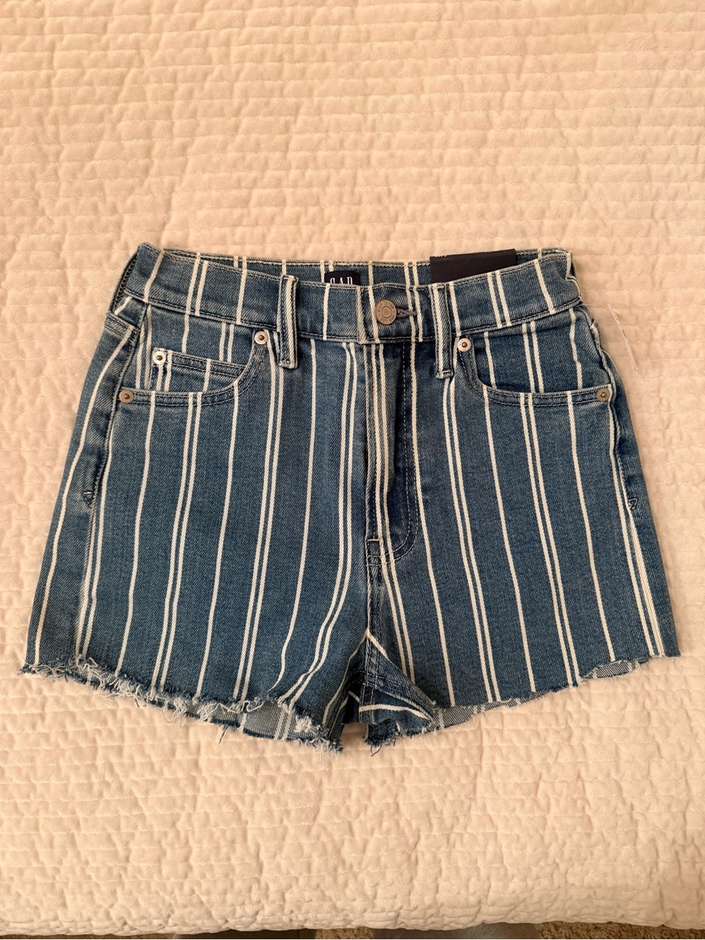 Striped High-Waist Denim Shorts - Blue